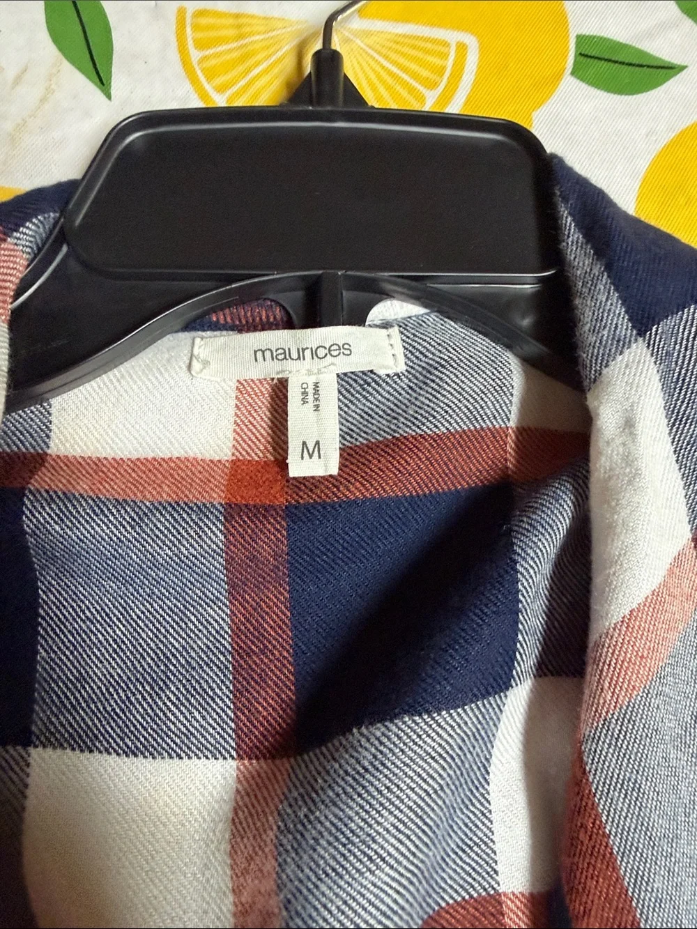 Maurices Navy White and Rust Plaid Fringe Open Poncho